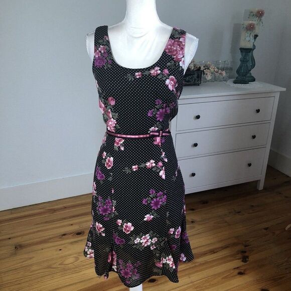 Vtg 90s Y2K K Petite Chiffon Black Polka Dot Dress 6P Pink Floral A Line Flirty - Picture 8 of 12